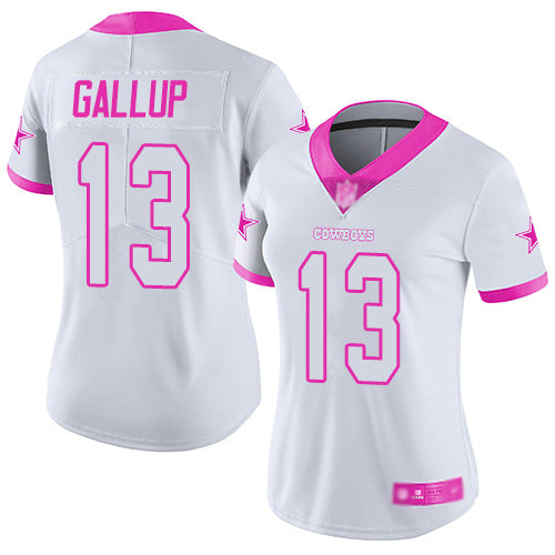 Custom Cowboys #13 Michael Gallup White Pink Women’s Stitched Football Limited Rush Fashion Jersey