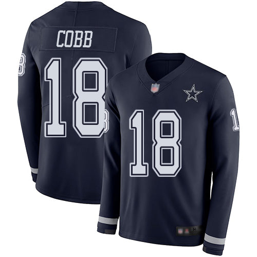 Custom Cowboys #18 Randall Cobb Navy Blue Team Color Men’s Stitched Football Limited Therma Long Sleeve Jersey