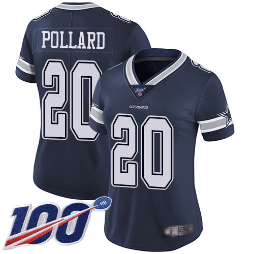 Custom Cowboys #20 Tony Pollard Navy Blue Team Color Women’s Stitched Football 100th Season Vapor Limited Jersey