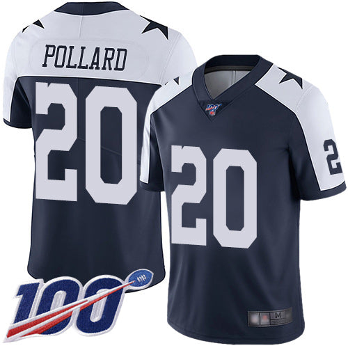 Custom Cowboys #20 Tony Pollard Navy Blue Thanksgiving Men’s Stitched Football 100th Season Vapor Throwback Limited Jersey