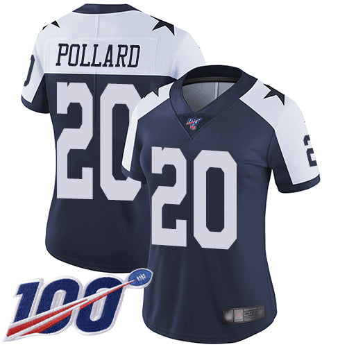 Custom Cowboys #20 Tony Pollard Navy Blue Thanksgiving Women’s Stitched Football 100th Season Vapor Throwback Limited Jersey