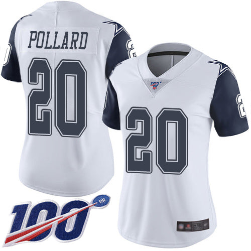 Custom Cowboys #20 Tony Pollard White Women’s Stitched Football Limited Rush 100th Season Jersey