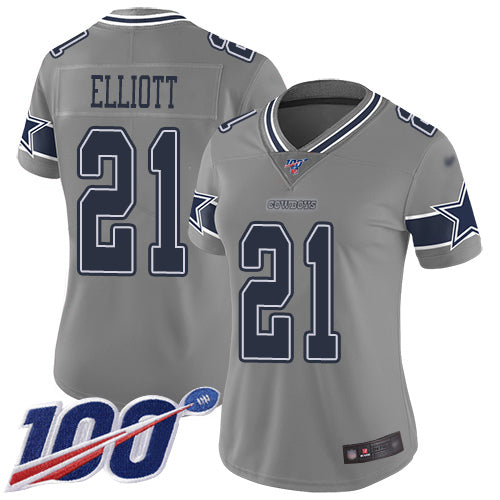 Custom Cowboys #21 Ezekiel Elliott Gray Women’s Stitched Football Limited Inverted Legend 100th Season Jersey