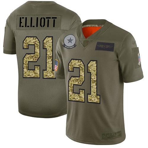 Custom Cowboys #21 Ezekiel Elliott Olive Camo Men’s Stitched Football Limited 2019 Salute To Service Jersey