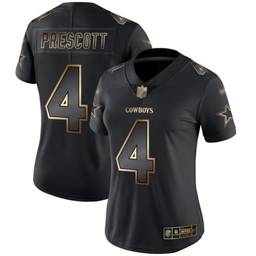 Custom Cowboys #4 Dak Prescott Black Gold Women’s Stitched Football Vapor Untouchable Limited Jersey