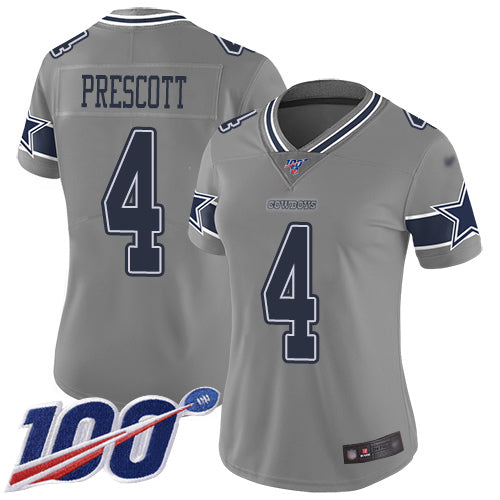 Custom Cowboys #4 Dak Prescott Gray Women’s Stitched Football Limited Inverted Legend 100th Season Jersey