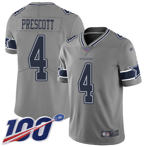 Custom Cowboys #4 Dak Prescott Gray Youth Stitched Football Limited Inverted Legend 100th Season Jersey