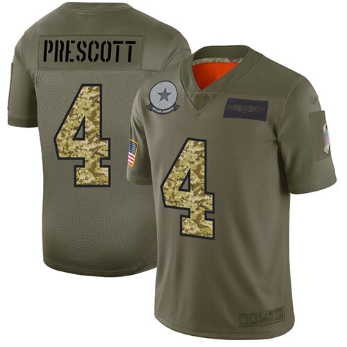 Custom Cowboys #4 Dak Prescott Olive Camo Men’s Stitched Football Limited 2019 Salute To Service Jersey