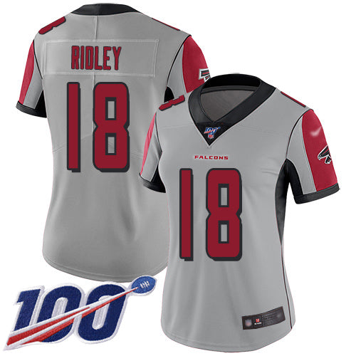Custom Falcons #18 Calvin Ridley Silver Women’s Stitched Football Limited Inverted Legend 100th Season Jersey