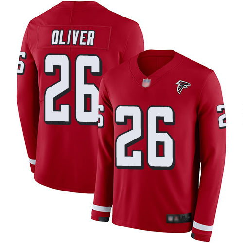 Custom Falcons #26 Isaiah Oliver Red Team Color Men’s Stitched Football Limited Therma Long Sleeve Jersey
