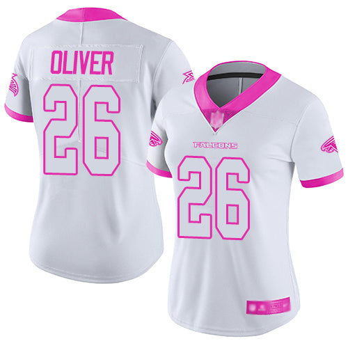 Custom Falcons #26 Isaiah Oliver White Pink Women’s Stitched Football Limited Rush Fashion Jersey