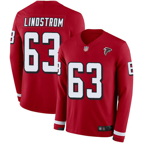 Custom Falcons #63 Chris Lindstrom Red Team Color Men’s Stitched Football Limited Therma Long Sleeve Jersey