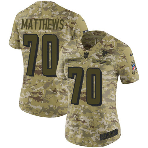 Custom Falcons #70 Jake Matthews Camo Women’s Stitched Football Limited 2018 Salute to Service Jersey