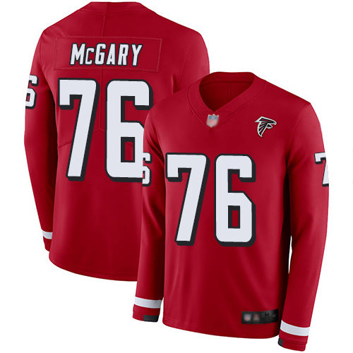 Custom Falcons #76 Kaleb McGary Red Team Color Men’s Stitched Football Limited Therma Long Sleeve Jersey