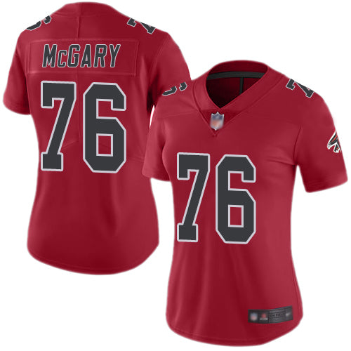 Custom Falcons #76 Kaleb McGary Red Women’s Stitched Football Limited Rush Jersey