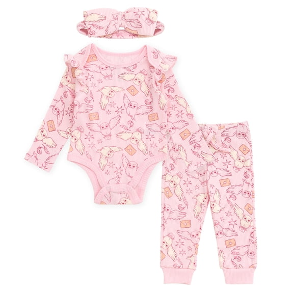 Harry Potter Hedwig Owl Ribbed Bodysuit, Jogger Pants and Headband 3 Piece Outfit Set Newborn to Infant