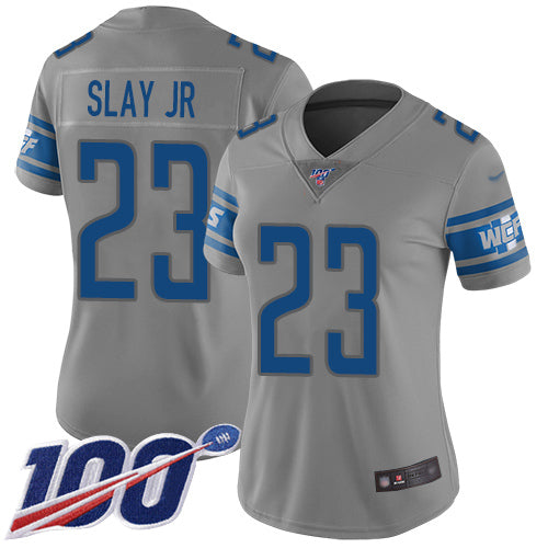 Custom Lions #23 Darius Slay Jr Gray Women’s Stitched Football Limited Inverted Legend 100th Season Jersey