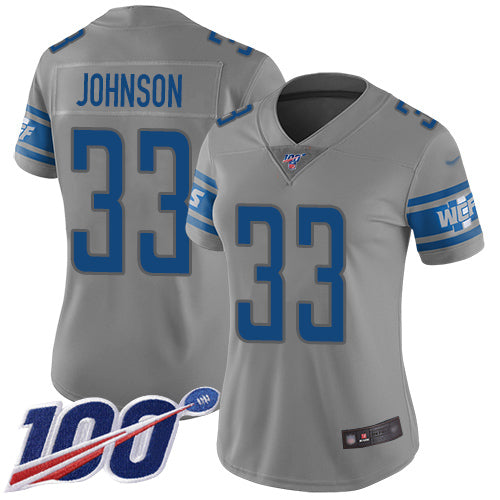 Custom Lions #33 Kerryon Johnson Gray Women’s Stitched Football Limited Inverted Legend 100th Season Jersey