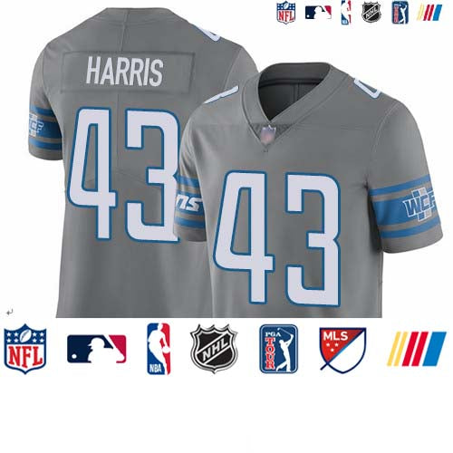 Custom Lions #43 Will Harris Gray Men’s Stitched Football Limited Rush Jersey