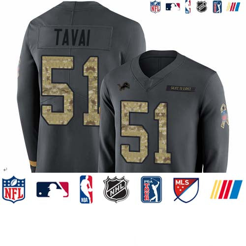 Custom Lions #51 Jahlani Tavai Anthracite Salute to Service Men’s Stitched Football Limited Therma Long Sleeve Jersey