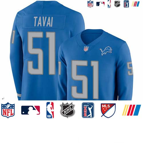 Custom Lions #51 Jahlani Tavai Blue Team Color Men’s Stitched Football Limited Therma Long Sleeve Jersey