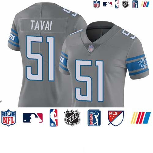 Custom Lions #51 Jahlani Tavai Gray Women’s Stitched Football Limited Rush Jersey