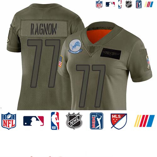 Custom Lions #77 Frank Ragnow Camo Women’s Stitched Football Limited 2019 Salute to Service Jersey