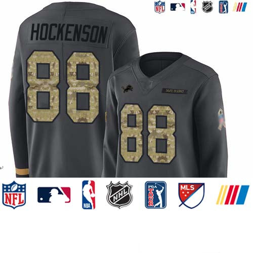 Custom Lions #88 T.J. Hockenson Anthracite Salute to Service Women’s Stitched Football Limited Therma Long Sleeve Jersey