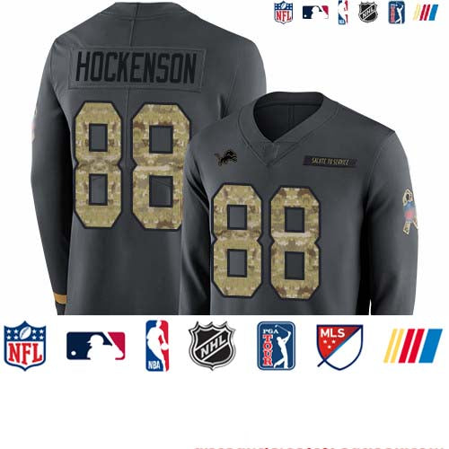 Custom Lions #88 T.J. Hockenson Anthracite Salute to Service Youth Stitched Football Limited Therma Long Sleeve Jersey