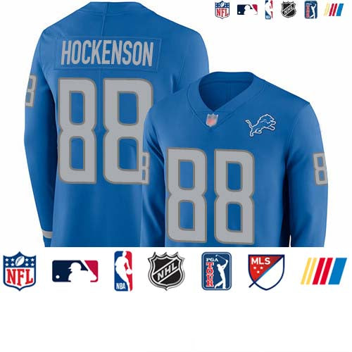 Custom Lions #88 T.J. Hockenson Blue Team Color Men’s Stitched Football Limited Therma Long Sleeve Jersey