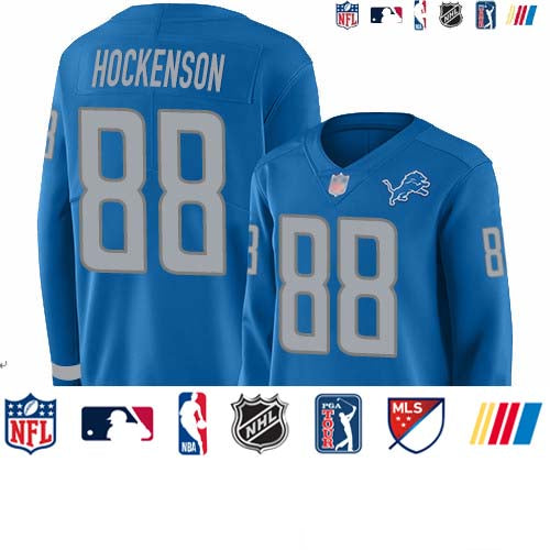Custom Lions #88 T.J. Hockenson Blue Team Color Women’s Stitched Football Limited Therma Long Sleeve Jersey