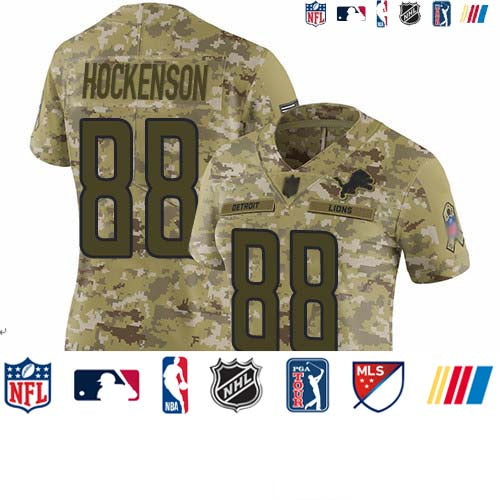 Custom Lions #88 T.J. Hockenson Camo Women’s Stitched Football Limited 2018 Salute to Service Jersey