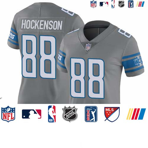 Custom Lions #88 T.J. Hockenson Gray Women’s Stitched Football Limited Rush Jersey