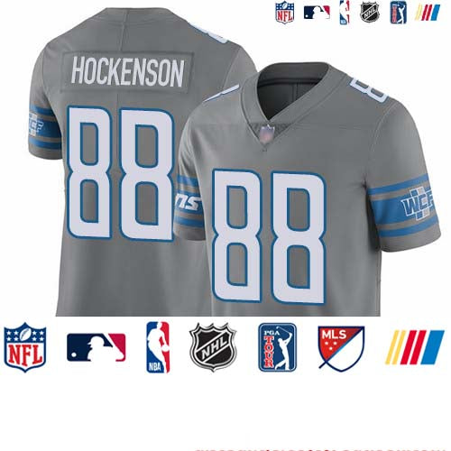 Custom Lions #88 T.J. Hockenson Gray Youth Stitched Football Limited Rush Jersey