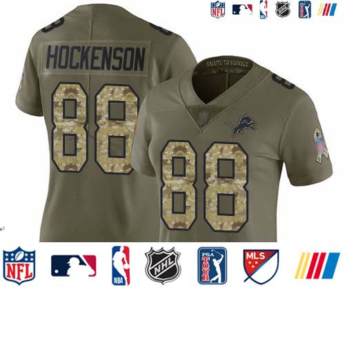 Custom Lions #88 T.J. Hockenson Olive Camo Women’s Stitched Football Limited 2017 Salute to Service Jersey