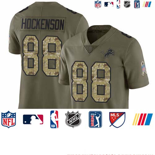 Custom Lions #88 T.J. Hockenson Olive Camo Youth Stitched Football Limited 2017 Salute to Service Jersey