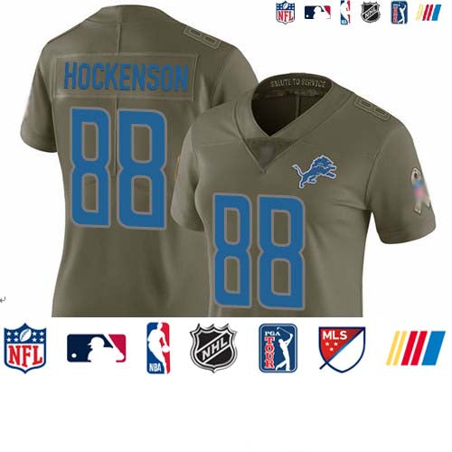 Custom Lions #88 T.J. Hockenson Olive Women’s Stitched Football Limited 2017 Salute to Service Jersey