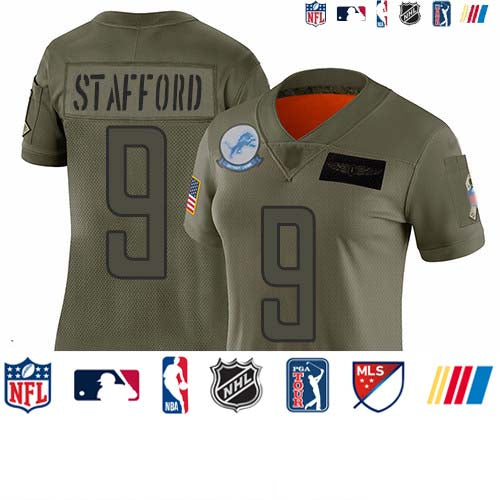 Custom Lions #9 Matthew Stafford Camo Women’s Stitched Football Limited 2019 Salute to Service Jersey
