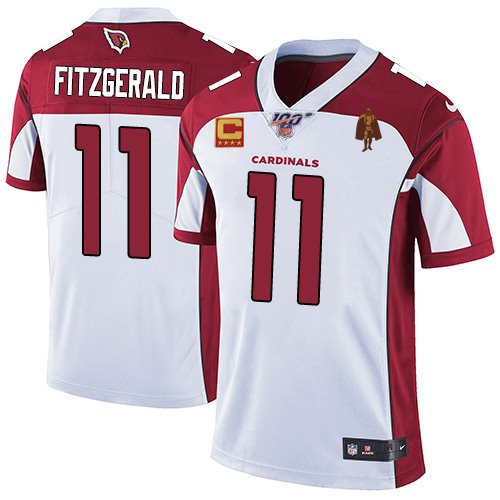 Custom Men’s Arizona Cardinals #11 Larry Fitzgerald White With C Patch & Walter Payton Patch Limited Stitched Jersey