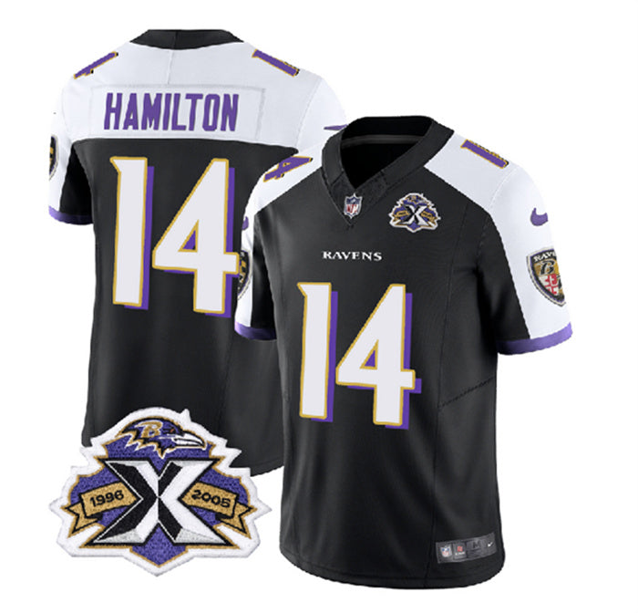 Custom Men’s Baltimore Ravens #14 Kyle Hamilton Black White 2023 F.U.S.E With Patch Throwback Vapor Limited Jersey