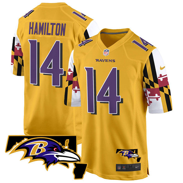 Custom Men’s Baltimore Ravens #14 Kyle Hamilton Gold 2025 Maryland Flag Vapor Limited Football Game Jersey