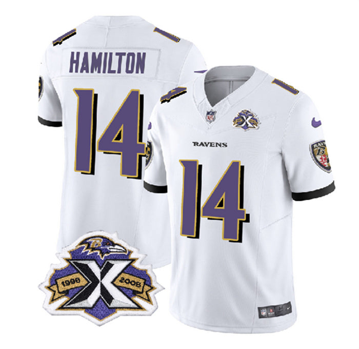 Custom Men’s Baltimore Ravens #14 Kyle Hamilton White 2023 F.U.S.E With Patch Throwback Vapor Limited Jersey