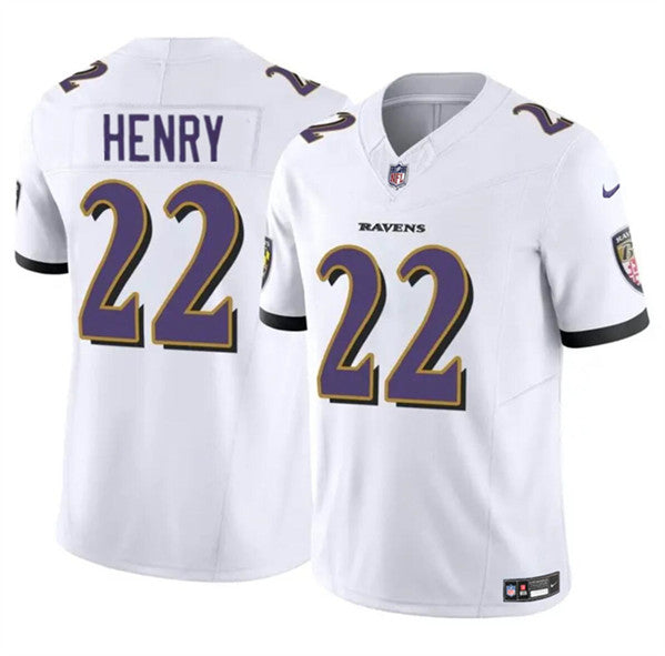 Custom Men’s Baltimore Ravens #22 Derrick Henry 2023 F.U.S.E. White Vapor Limited Football Stitched Jersey