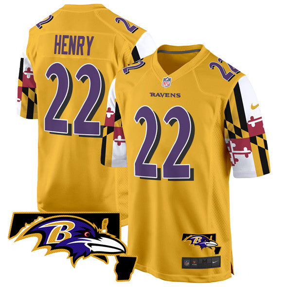Custom Men’s Baltimore Ravens #22 Derrick Henry Gold 2025 Maryland Flag Vapor Limited Football Game Jersey