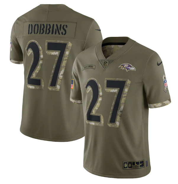 Custom Men’s Baltimore Ravens #27 J.K. Dobbins Olive 2022 Salute To Service Limited Stitched Jersey