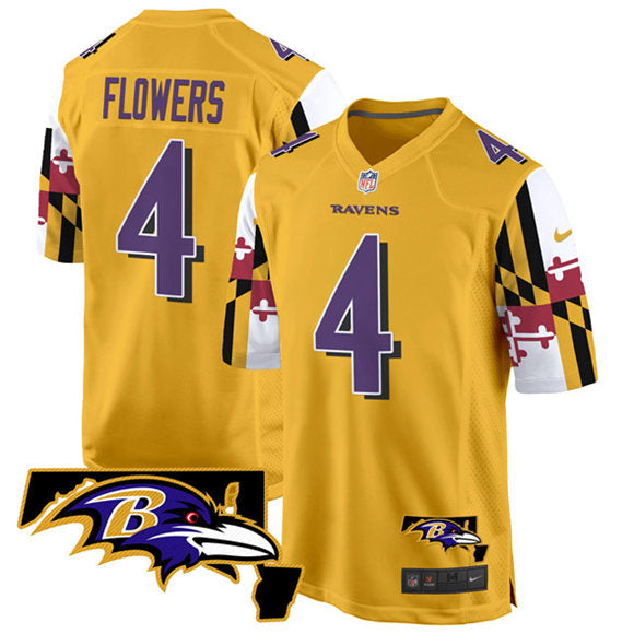 Custom Men’s Baltimore Ravens #4 Zay Flowers Gold 2025 Maryland Flag Vapor Limited Football Game Jersey