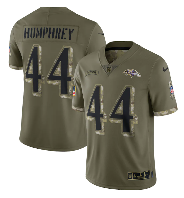Custom Men’s Baltimore Ravens #44 Marlon Humphrey Olive 2022 Salute To Service Limited Stitched Jersey
