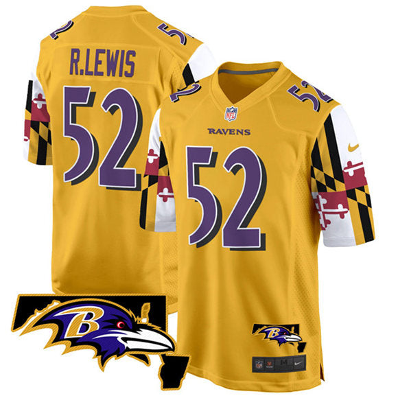 Custom Men’s Baltimore Ravens #52 Ray Lewis Gold 2025 Maryland Flag Vapor Limited Football Game Jersey