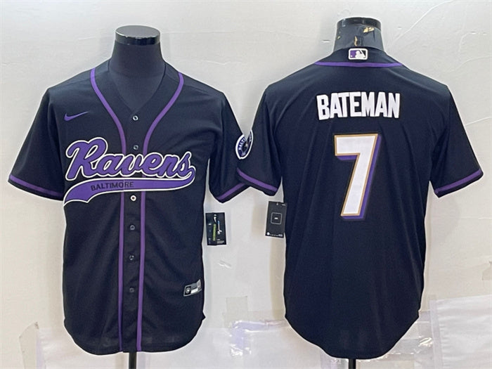Custom Men’s Baltimore Ravens #7 Rashod Bateman Black With Patch Cool Base Stitched Baseball Jersey