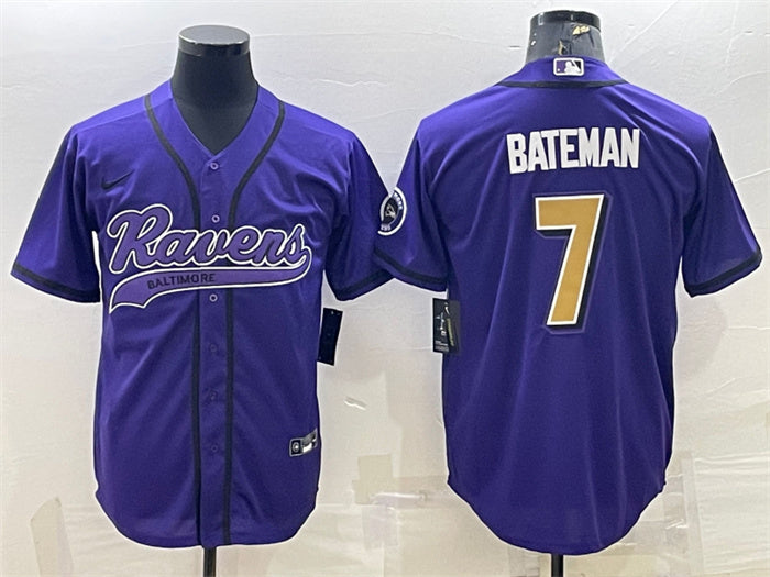 Custom Men’s Baltimore Ravens #7 Rashod Bateman Purple Gold With Patch Cool Base Stitched Baseball Jersey